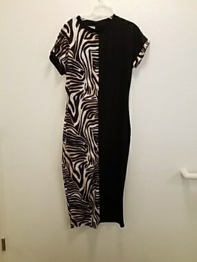Split Zebra-Print Midi Dress in Black and Beige